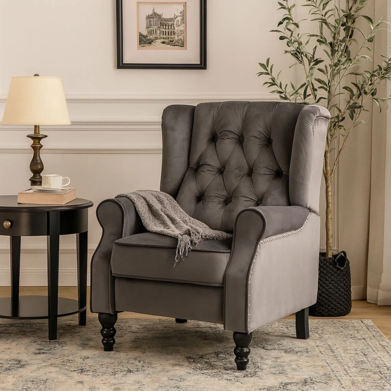 Image of LUXURY LIFE Althorpe Velvet Push Back Recliner Armchair in Grey ARMCHAIR-ALTHORPE-GREYVELVET