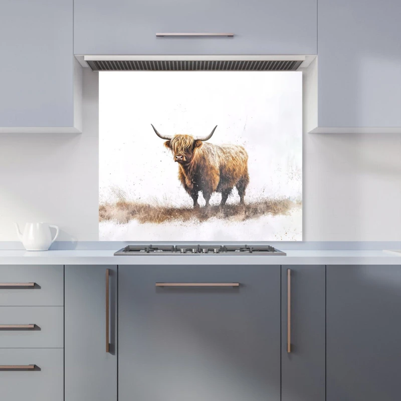 Image of Warren Reed - Designer Highland Cow Watercolour Kitchen Splashback in Brown Size: 900mm x 750mm Brown Unisex 900mm x 750mm