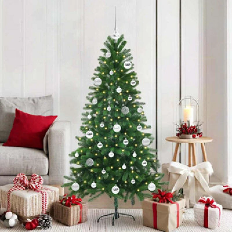 Image of vidaXL Christmas Tree with 150 LEDs, Silver Balls with Stand Green 150cm PE, Green 3396323