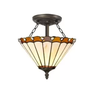 Image of Luminosalighting - Luminosa Lighting - 2 Light Semi Flush Ceiling E27 With 30cm Tiffany Shade, Amber, Crystal, Aged Antique Brass