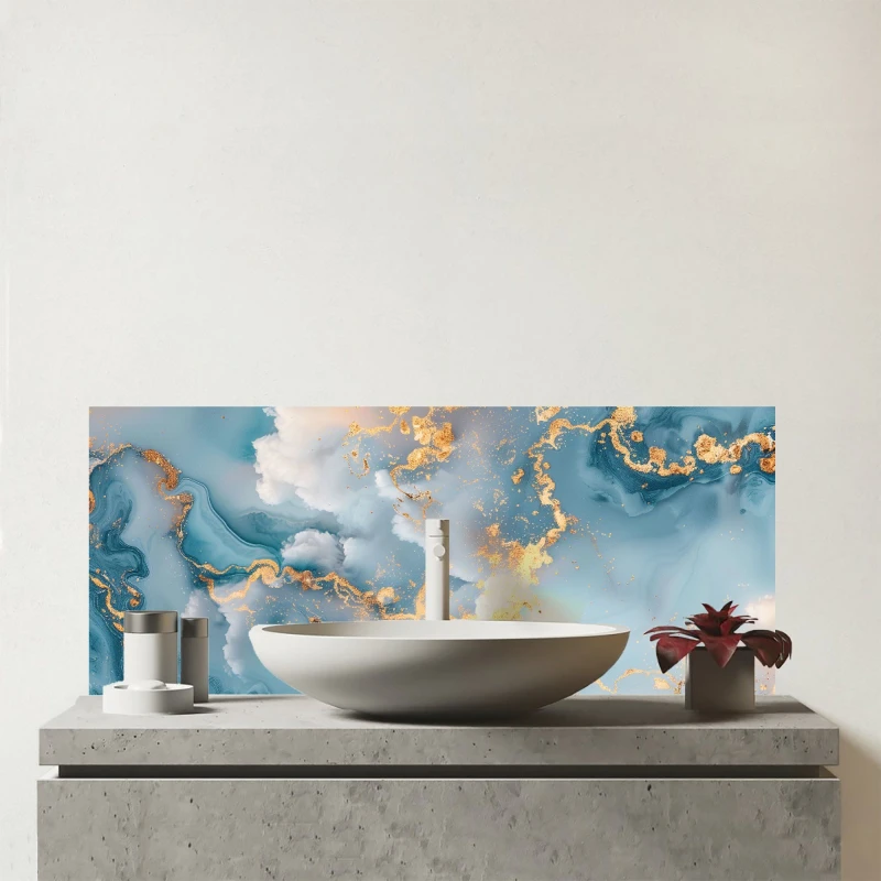Image of Warren Reed - Designer Blue & Gold Marble Effect Glass Bathroom Splashback Blue Unisex