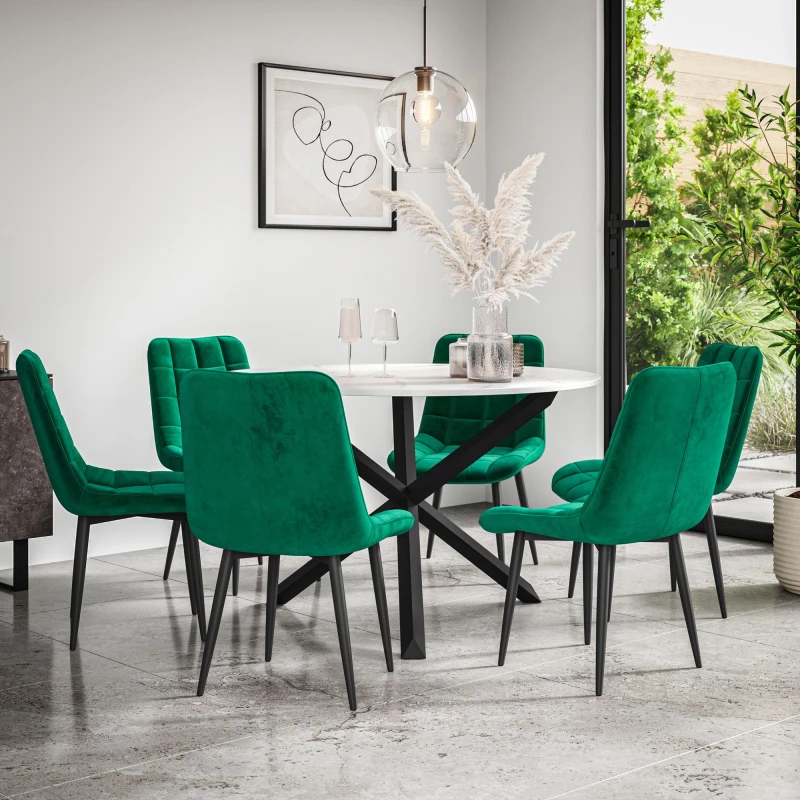 Image of More4Homes Malvern Round Dining Table And Chairs - Marble Table Top W Solid Black Oak Legs + Nova Velvet Dining Chair Set Of 6 (Green)