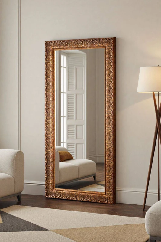Image of Yearn Mirrors Yearn Mirrors Carved Framed Bevelled Full Length Mirror Gold 169x77cm Gold One Size Unisex 0756406343004