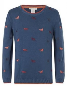 Image of Monsoon Boys Fox Embroidered Organic Knitted Jumper - Teal