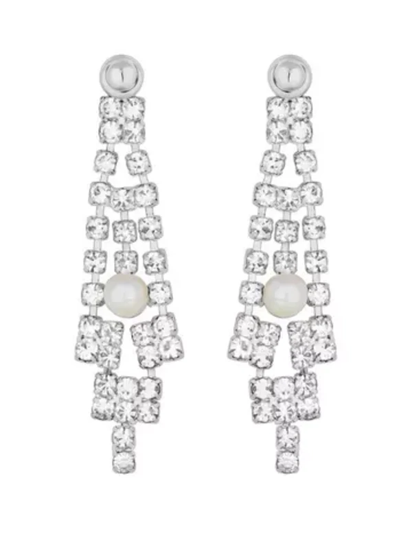 Image of Jon Richard Silver Plated Pearl And Crystal V Drop Earrings Drop Earrings One Size Silver 87944711000
