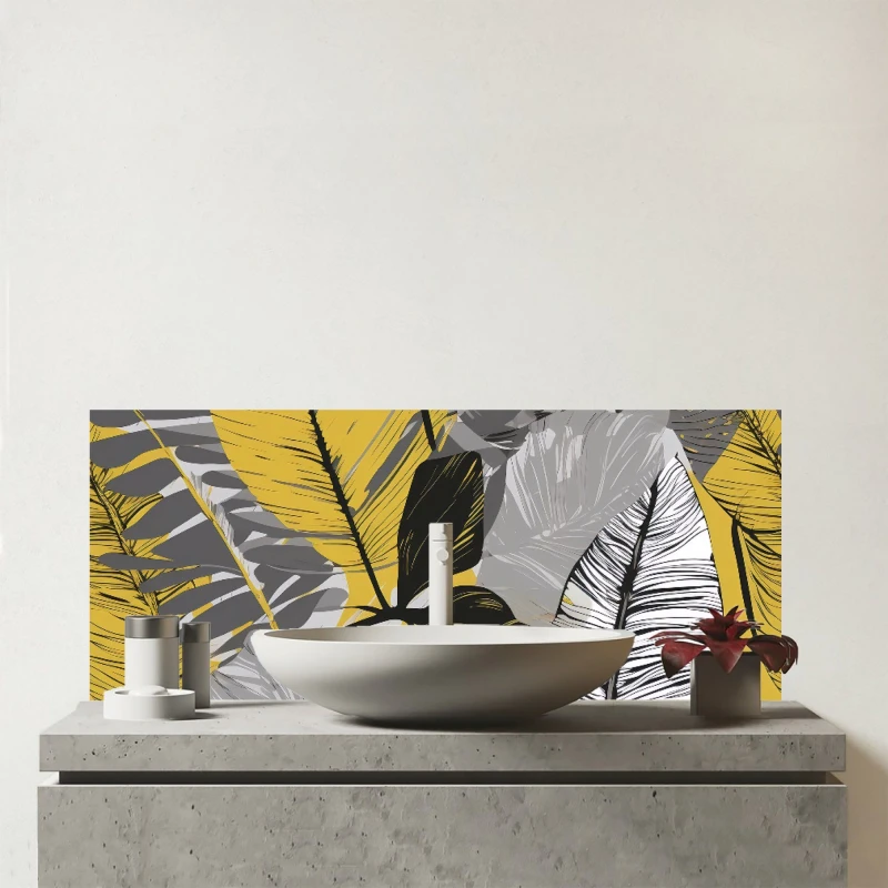 Image of Warren Reed - Designer Grey Yellow Floral Leaves Glass Bathroom Splashback Yellow Unisex