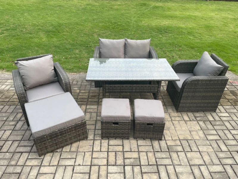Image of Fimous Rattan Outdoor Garden Furniture Set Rectangular Dining Table & Chair Sofa Set With 3 Footstools in Dark Grey Dark Grey Unisex