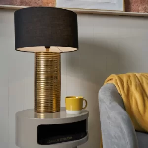 Image of Jung Gold Combed Cylinder Table Lamp with Large Black Reni Shade