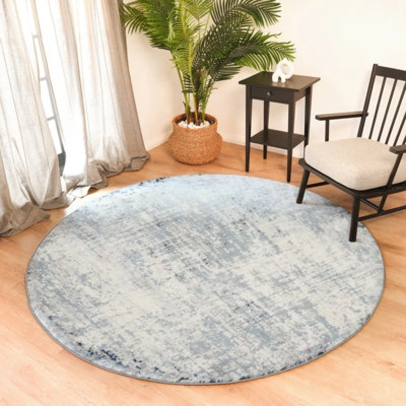 Image of Livabliss Round Abstract Modern Marble Dark Blue Alix Area Rug 200 X 200 Cm - Easy Care, Non Shedding, Ideal For Living Room & Bedroom