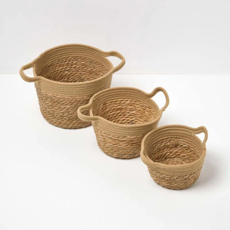 Image of Homescapes Set of 3 Woven Storage Baskets, Natural Grass and Rope Natural unisex