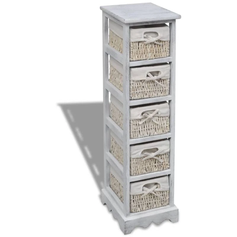 Image of vidaXL Wooden Storage Rack 5 Weaving Baskets White Drawer Cabint Shelving Unit