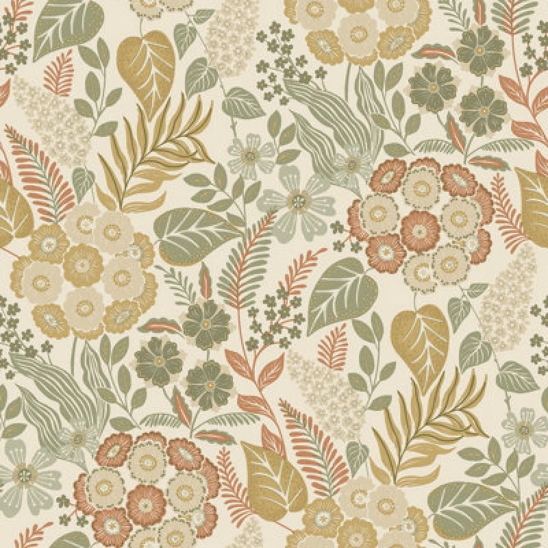 Image of Grandeco Alice Retro Mid Century Floral Textured Wallpaper, Green Orange