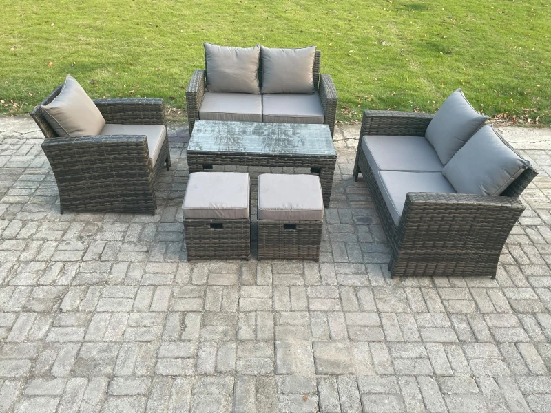 Image of Fimous 7 Seater Rattan Outdoor Garden Furniture Sofa Set with Coffee Table 2 Small Footstool Dark Grey Mixed Dark Grey Unisex