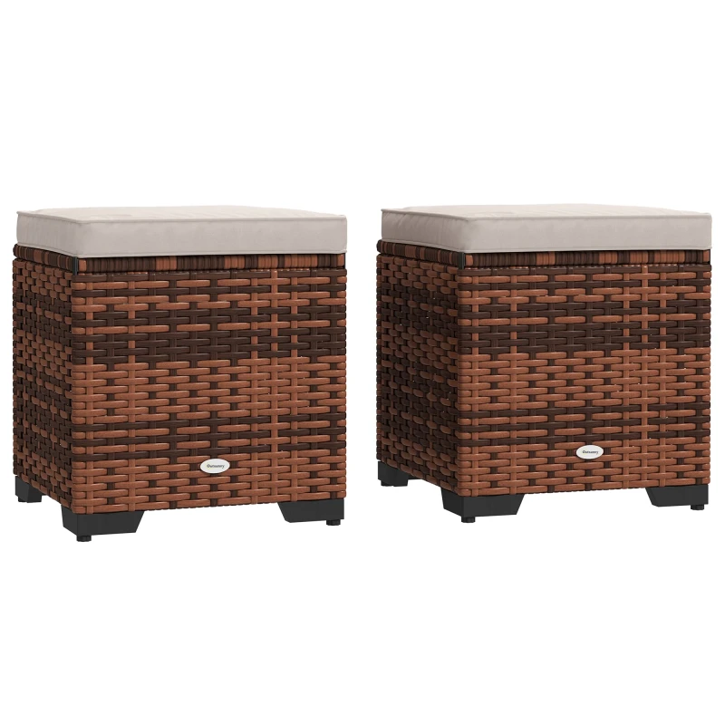 Image of Outsunny Set of 2 Rattan Footstool - Storage Ottoman w/ Cushions - Beige TJ Hughes 5063603256750