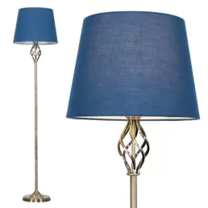Image of Memphis Antique Brass Floor Lamp with Navy Blue Aspen Shade