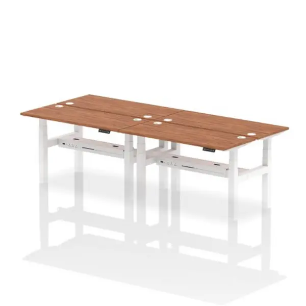 Image of Air Air Back-to-Back 1400 x 600mm Height Adjustable 4 Person Bench Desk Walnut Top with Cable Ports White Frame HASCP4P14600WNTW