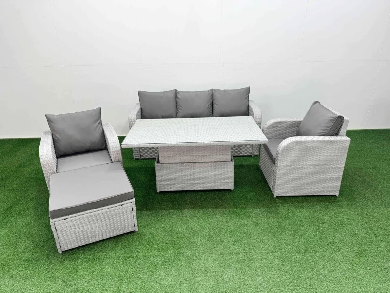 Image of Fimous PE Rattan Garden Furniture Set Reclining Chair Sofa Lounge Sofa Set Adjustable Lifting Dining or Coffee Table Big Footstool Light Grey Light Gr