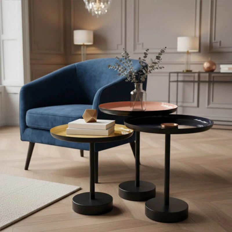 Image of Premier Housewares Versatile Set Of Three Gold And Black Tray Tables, Elegant Sitting Room Table, Durable Statement Side Table Black