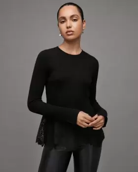 Image of AllSaints Milly Ribbed Wool Cashmere Lace Hem Top