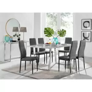 Image of Furniture Box Kylo White Marble Effect Dining Table and 6 Grey Velvet Milan Black Leg Chairs