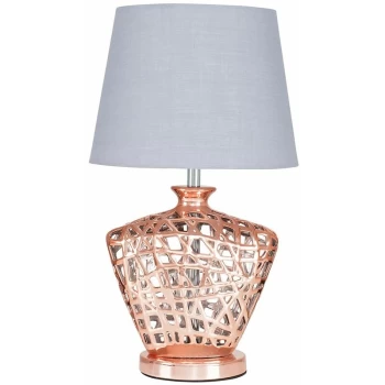 Image of Copper Lattice Vase Table Lamp With Tapered Light Shade - Grey