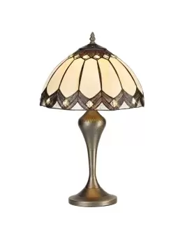 Image of Tiffany Table Lamp, 1 x E27, Aged Antique Brass Base, Brown Glass, Clear Crystal