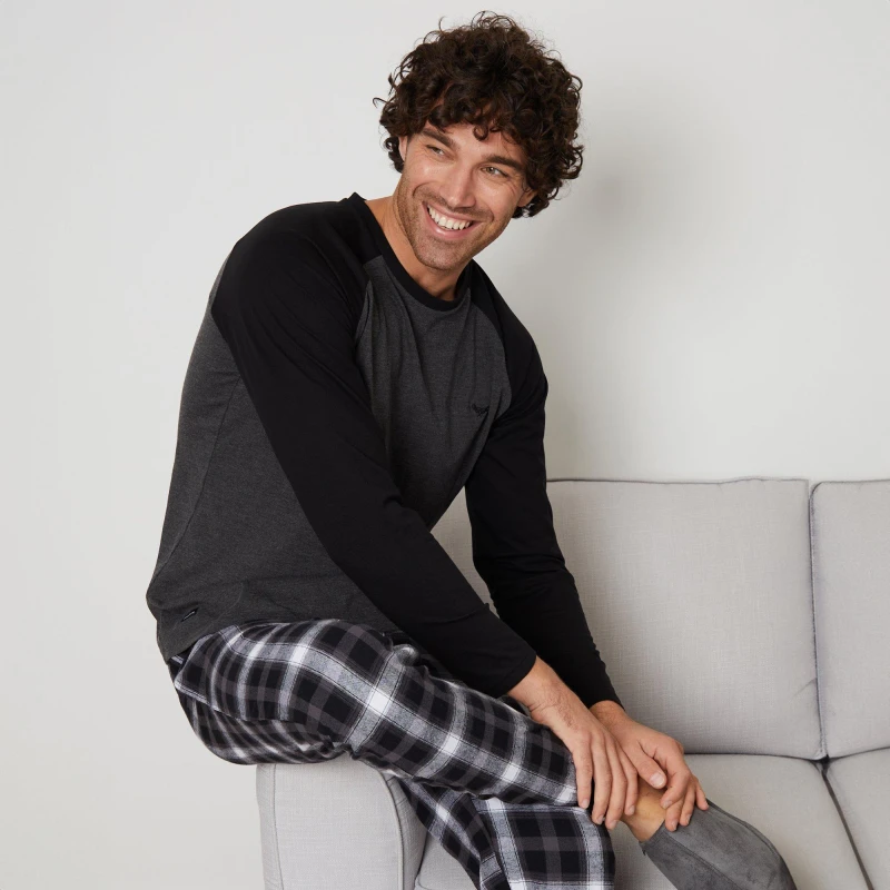 Image of Threadbare 'Hamilton' Cotton Blend Check Pyjama Set Charcoal male