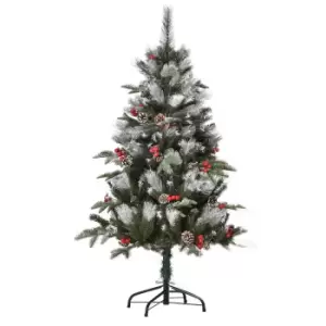 Image of HOMCOM 4FT Artificial Snow Dipped Christmas Tree Xmas Pencil Tree Holiday Home Party Decoration with Foldable Feet Red Berries White Pinecones, Green