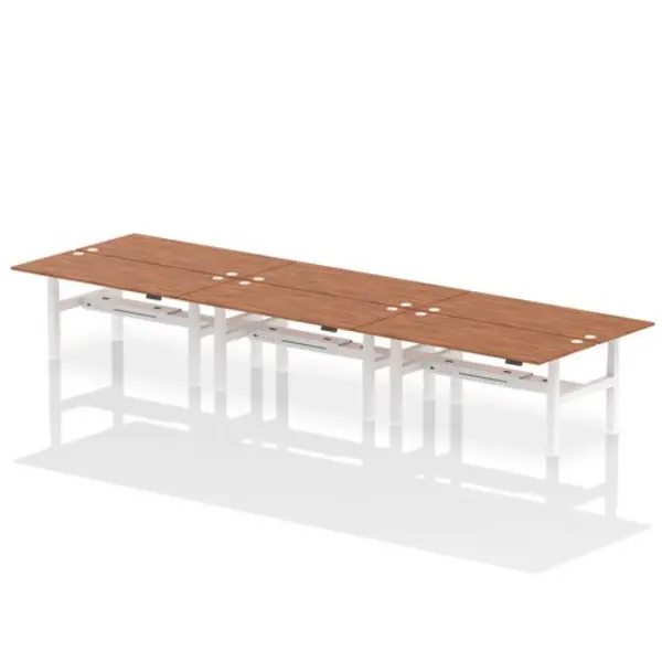 Image of Air Air Back-to-Back 1800 x 800mm Height Adjustable 6 Person Bench Desk Walnut Top with Cable Ports White Frame HASCP6P18800WNTW