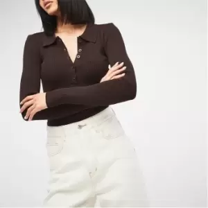 Image of Missguided Collared Rib Knit Bodysuit - Brown