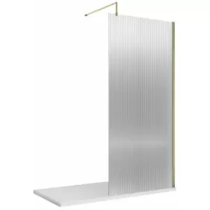 Image of Hudson Reed Fluted Brushed Brass Profile Wet Room Screen with Support Bar 900mm Wide - 8mm Glass