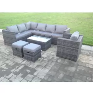 Image of Fimous 7 Seater Outdoor Dark Grey Mixed Rattan Corner Sofa Set with Oblong Coffee Table and 2 Stools