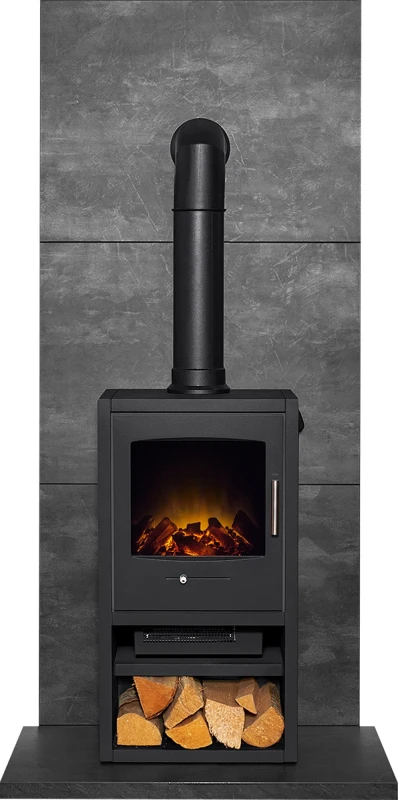 Image of Acantha Fires & Fireplaces Acantha Tile & Hearth Set in Slate Venetian Plaster Effect with Bergen XL Stove & Tall Angled Pipe in Grey Grey Unisex