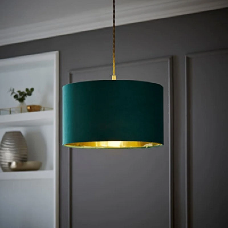 Image of ValueLights ValueLights Reni Green Velvet with Metallic Gold Inner Easy Fit Ceiling Lamp Shade in Bottle Green Size: Medium Bottle Green Medium Unis