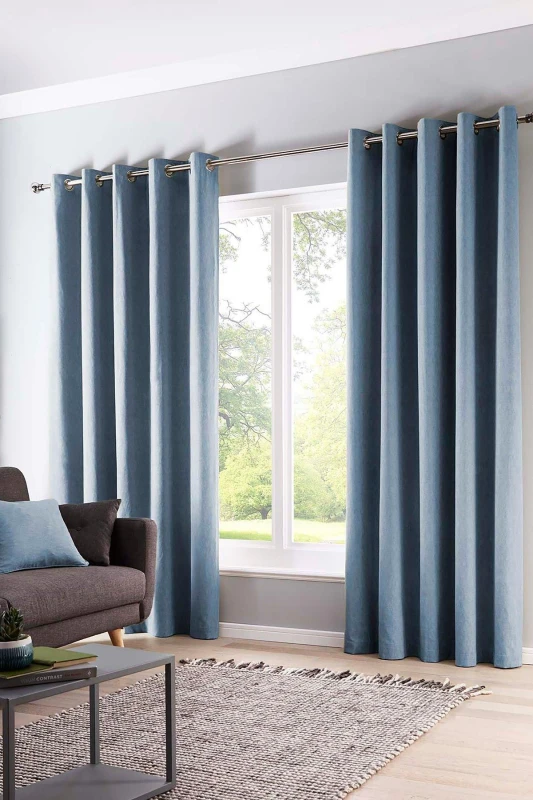 Image of Fusion Sorbonne Thermal Lined Eyelet Curtains in Blue Blue 90x90 Inch