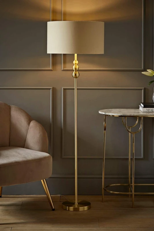Image of ValueLights ValueLights Marissa Beige and Metallic Gold Shade with Brushed Gold Stacked Ball Floor Lamp Beige One Size Unisex 5059406046384