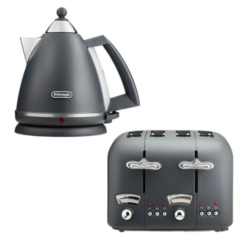 Image of DeLonghi Argento 1.7L Kettle & 4 Slice Toaster Set, Grey - DeLonghi DLPK5