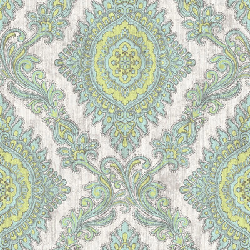 Image of Wallquest Villa Rosa Damask Green Wallpaper Floral Classic Acrylic Coated