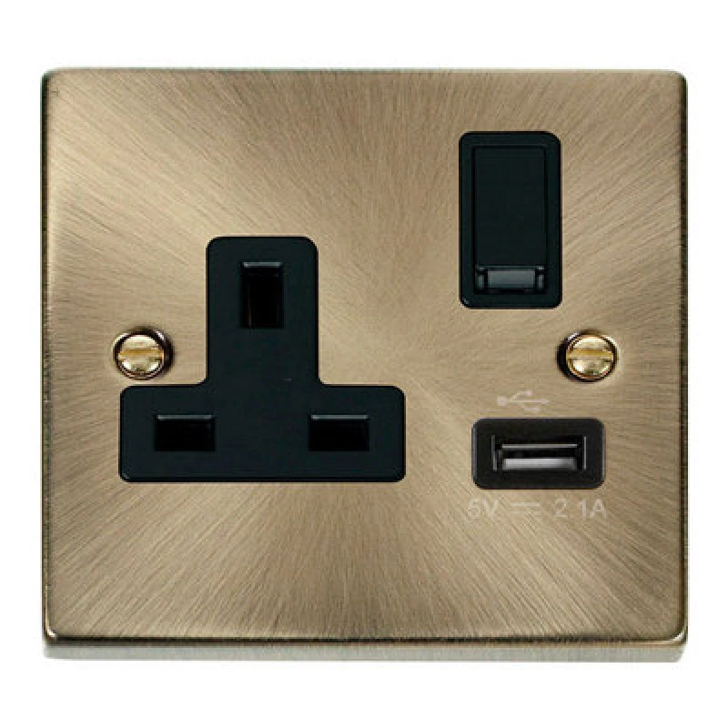 Image of SE Home Antique Brass 1 Gang 13A DP 1 USB Switched Plug Socket Gold unisex