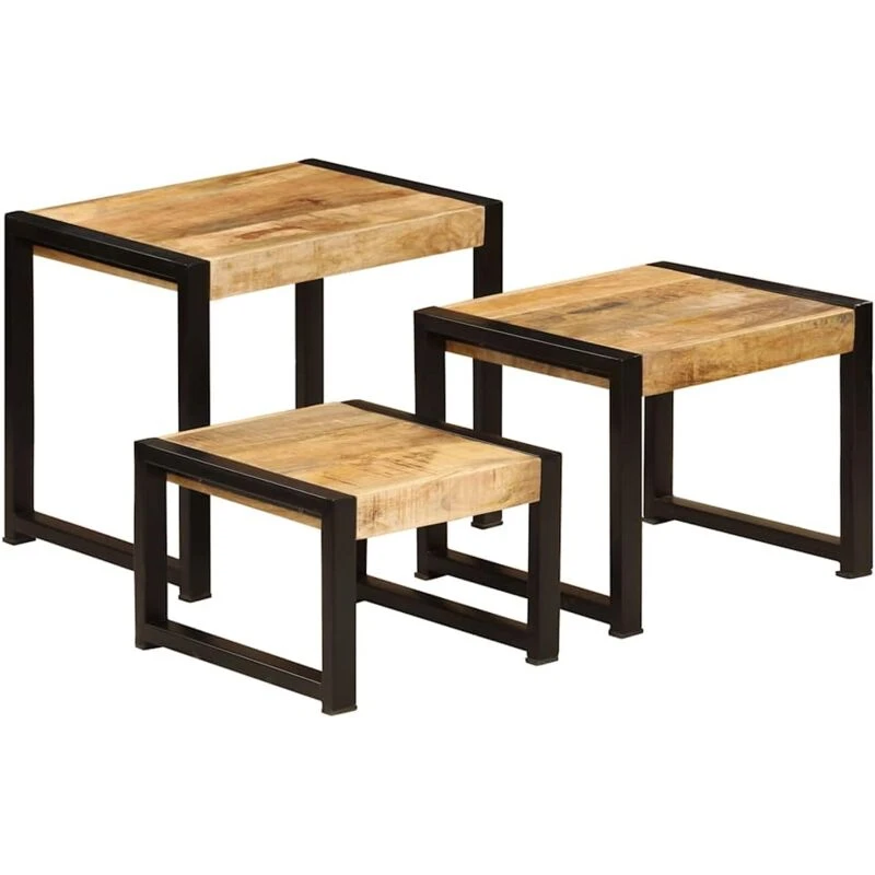 Image of vidaXL 3x Solid Mango Wood Nesting Tables Living Room Display Stand Furniture
