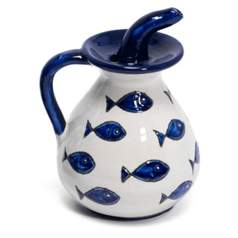Image of Verano Spanish Ceramics Signature Hand Painted Blue Fish Ceramic Kitchen Dining Fluted Pourer Dispenser (H) 16Cm