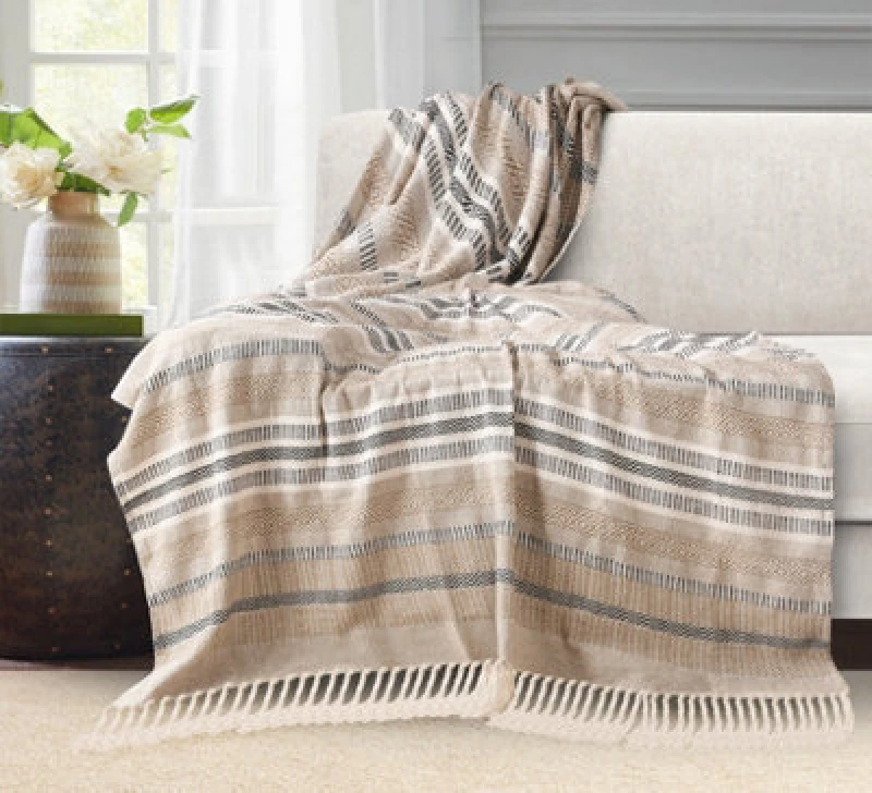 Image of Velosso Zigzag Throw Multicoloured Aztec Design With Tassels, Soft Acrylic Blanket For Bed, Sofa Or Armchair, 90Cm X 100Cm - Beige