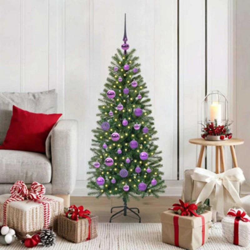 Image of vidaXL Artificial Christmas Tree with 150 LEDs, Lilac Balls Green 120 x 75cm PE and PVC, Green 3397334