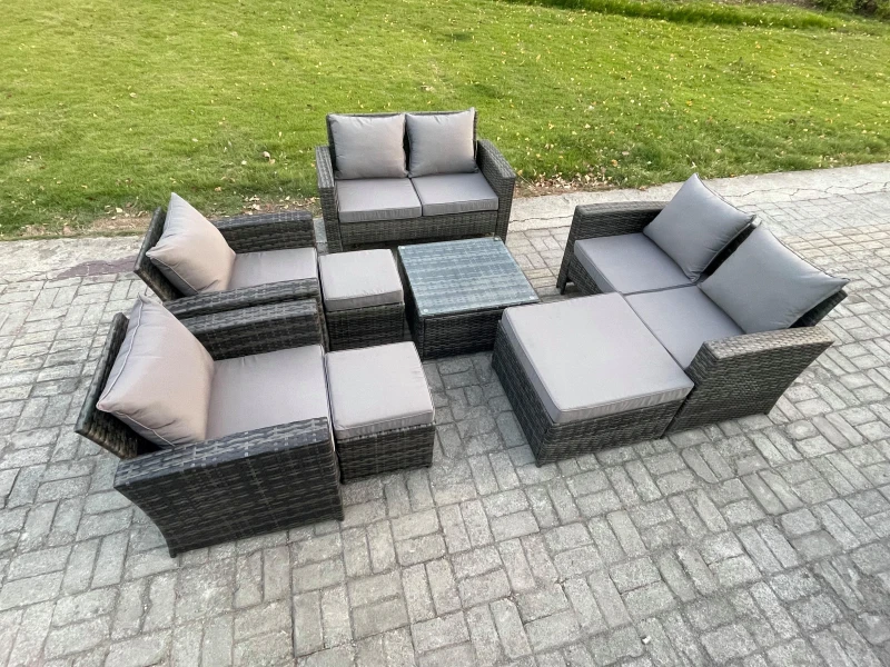 Image of Fimous Outdoor Garden Furniture Sets 8 Pieces Wicker Rattan Furniture Manual Wicker Patio Sofa Set with 3 Footstools in Dark Grey Dark Grey Unisex