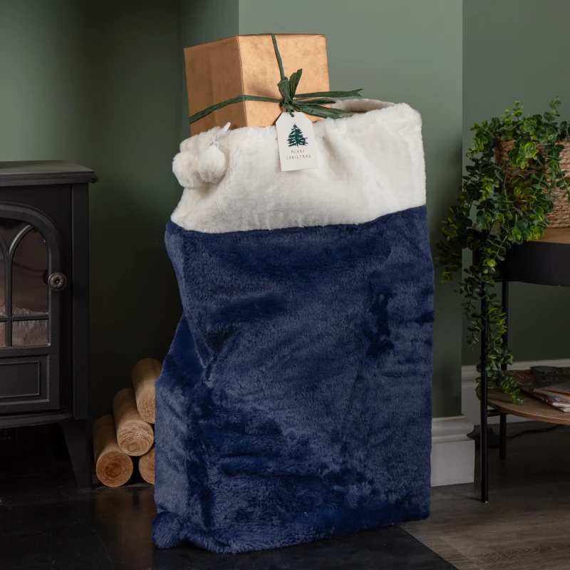 Image of 80 x 55cm Blue Soft Plush Christmas Sack with White Faux Fur Trim and Pom Poms