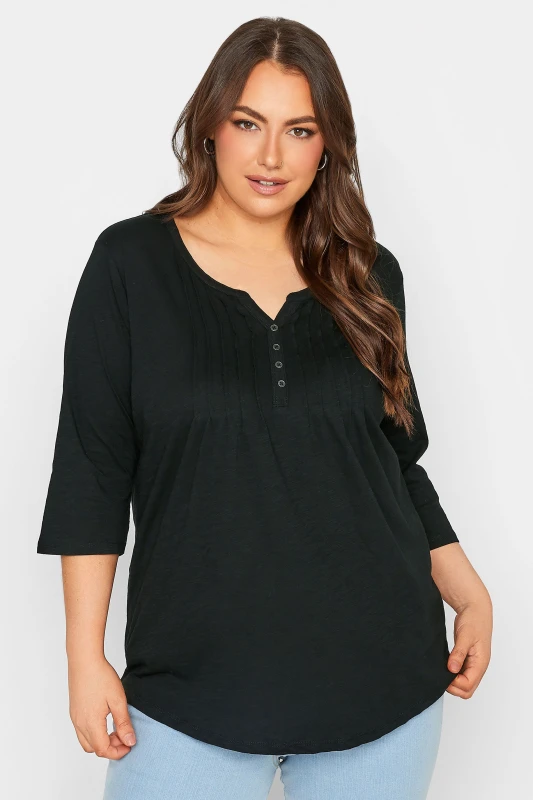 Image of Yours Womens Pintuck Henley Cotton Top in Black Size: 14 Black Female 14