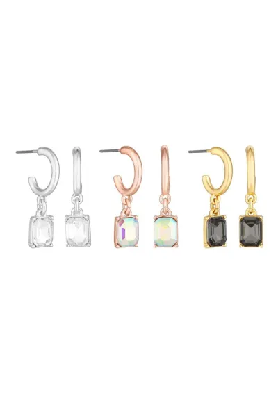 Image of Tri Tone Crystal And Jet Huggie Hoop Earrings - Pack of 3