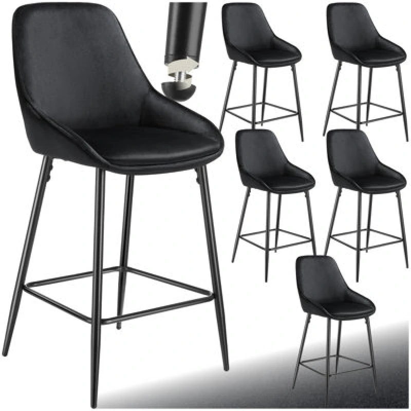 Image of Tectake Bar Stool Siera With Backrest, Padding And Soft Fabric - Velvet Look Black/black, Set Of 6