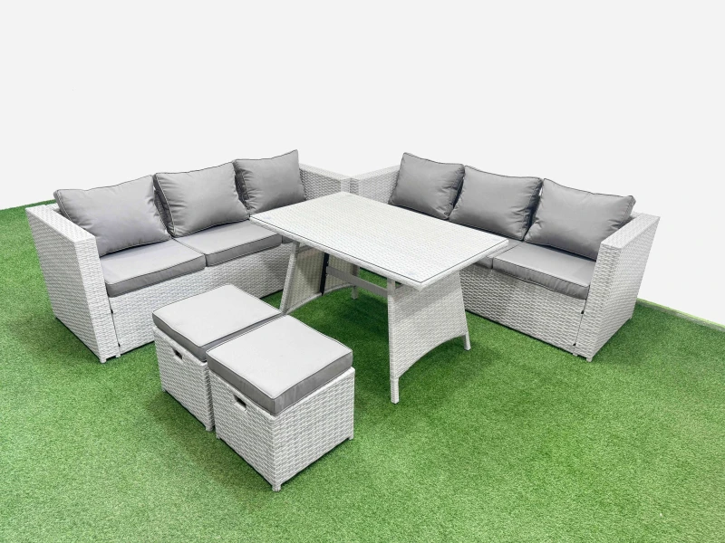 Image of Fimous 8-seater Patio Rectangular Table 3 Seater Sofa Set with 2 Small Stools in Light Grey Light Grey Unisex