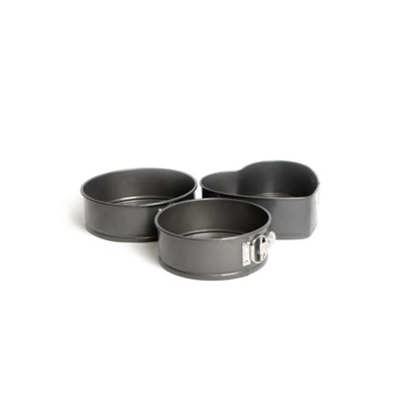 Image of Masterclass 3pc Non-Stick Spring Form Loose Base Cake Pan Bundle, Includes 3 Tins, 18cm and 20cm Round, and Heart Shaped Tin Grey